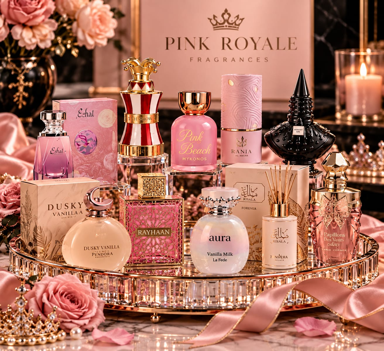 Middle Eastern fragrances on a crystal tray with pink roses and a crown